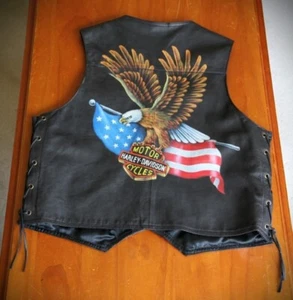 UNIQUE! 'Harley Davidson' Leather Biker Vest. Hand Painted Eagle & Flag. Size L - Picture 1 of 10