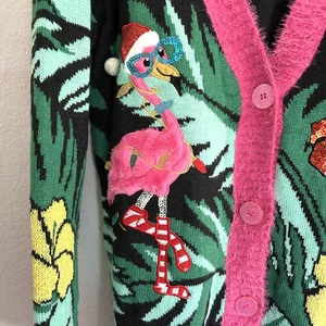 Flamingo Palm Tree Ugly Christmas Sweater Tropical Cardigan Sequins Pom Pom Sz L - Picture 1 of 13