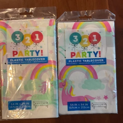 "Juego de 2 manteles de plástico pastel unicornio arco iris de fiesta 321 54"" 84"" impermeable" Foto 1 de 2
