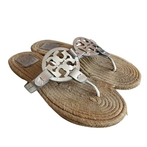 Tory Burch Miller Espadrille sandals womens 8.5 9 silver leather thong logo - Picture 1 of 13