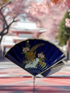 Vintage Cobalt Peacock Floral Trinket Jewelry Box Ceramic Fan Kutani Japanese - Picture 1 of 23