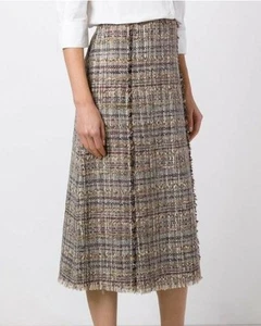 Women's Diane Von Furstenburg Brown Multi Tweed A-line Fringe Trim Skirt Size 6 - Picture 1 of 6