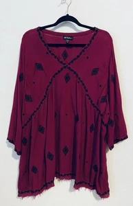 Ulla Popken Top Damen 24/26 weinrot hauchdünn bestickt Fransen Saum Boho Bauer - Bild 1 von 9