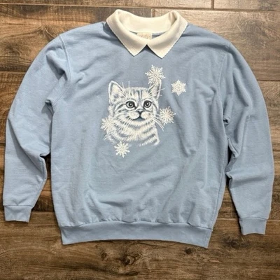 Sudadera Top Stitch Morning Sun Vintage Gato Copo de Nieve Cuello LS, Azul Claro, L Foto 1 de 4