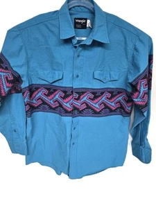 Vtg Wrangler Mens 90s Brushpopper Shirt Turquoise Aqua Blue Aztec 17 XL - Picture 1 of 13