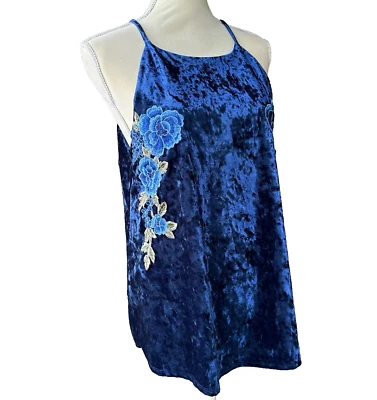 Charming Charlie Floral Applique Crushed Velvet Cami Tank Top Blue Womens Large - Image 1 of 4