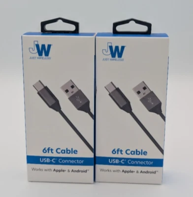 JW Just Wireless 6 Ft Cable USB-C & USB-A Connector Black 2 Pack Universal NEW - Image 1 of 3
