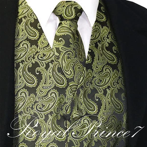 Olive Green Men's Paisley Tuxedo Suit Dress Vest Waistcoat & Neck tie wedding - Picture 1 of 4