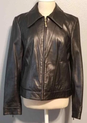 Chaqueta de Cuero Genuino Marca TRIBAL Negra Plisada Talla 8 Pequeña Frontal Forrada con Cremallera Foto 1 de 4