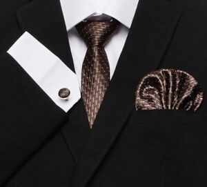 Cravate Marron,Soie,Jacquard+Boutons Manchette+Mouchoir,Mode Homme,Style