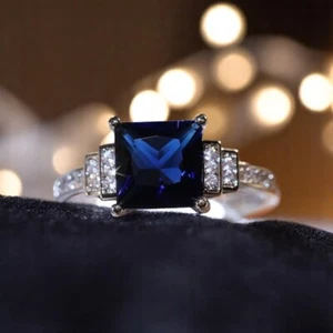 Princess Cut Diamond Ring Blue Sapphire 2.20 Ct 14k White Gold Lab Grown Wedding - Imagen 1 de 10
