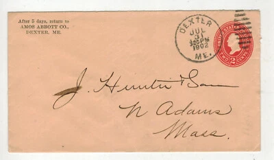 1902 DEXTER MAINE AMOS ABBOTT CO. & NORTH ADAMS MASS FLAG CANCEL - Image 1 of 2