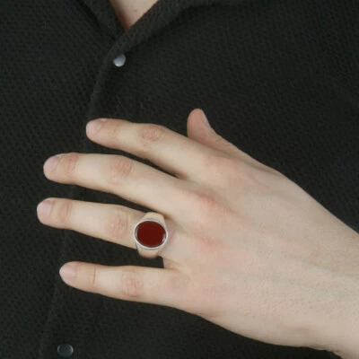 Red Agate 925 Sterling Silver Ring Sleek Minimalist Signet Gift For Him - Image 1 of 3