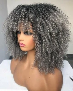 Short Curly Omber Gray Black Syntheitic Wigs With Bangs Heat Resistant Fashion - Picture 1 of 18