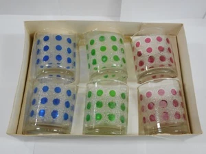 1960-70S BOXED WHISKY BECHER GLASS SET WITH BLUE GREEN ROSE COLOURED POLKA DOTS - Picture 1 of 5