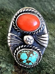 Vintage Native American Turquoise Coral Sterling 925 Men's Ring 34 gr Size 10.5 - Picture 1 of 12
