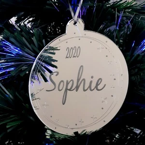 Bauble Bespoke "Name & Year" Engraved Christmas Tree Decoration Mirrored - Picture 1 of 4