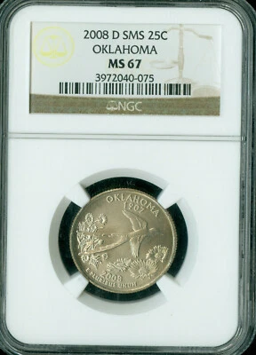 2008 D OKLAHOMA QUARTER NGC MS67 SMS . TOUGH DATE - Image 1 of 2