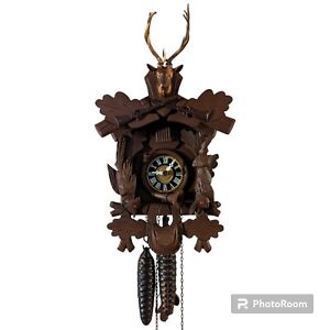 ✨ Vintage Black Forest Hunter Cuckoo Clock Hand-Carved Deer Rabbit Bird 9"