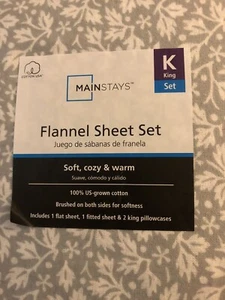 New Mainstays Flannel 100% Cotton Gray With White Leaves KING Sheet Set 4pc - Picture 1 of 5