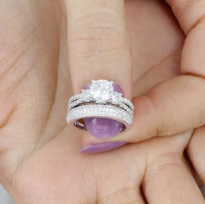 Juego de 2 anillos de compromiso de plata esterlina 925 de 3 piedras de Circonio Circonio 3-15 SE2205 - Imagen 1 de 8