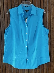 Talbots - 14 Teal Blue Sleeveless Wrinkle Resistant Cotton/Spandex Blouse - Picture 1 of 5