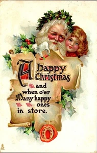Tuck's Christmas Postcard F Brundage Santa Little Girl Scroll Gilt Embossed 1912 - Picture 1 of 3