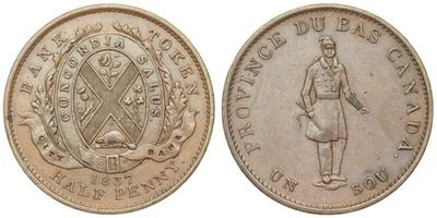 - 1837 Lower Canada Half Penny Token Habitant Un Sou Montreal City Bank - Image 1 of 3