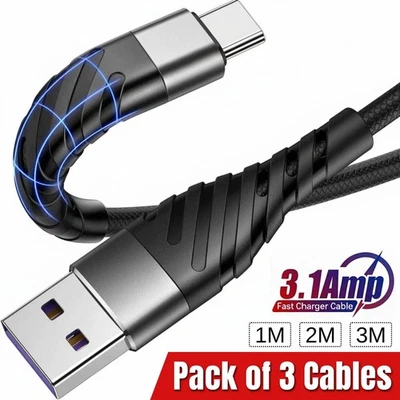 USB A to USB-C Cable 3A Samsung Fast Charger Braided Long Type C Lead 1M 2M 3M - Image 1 of 4
