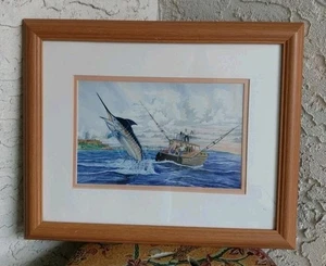 Stampa pesce vela con gancio Guy Harvey Billfishing 16" x 13" opaca e cornice in legno - Foto 1 di 19