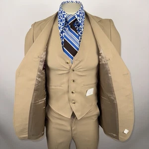 Vtg 1970s Leisure Suit Mens 36 Jacket 29 Pants Unhemmed NOS Polyester Disco Tan - Picture 1 of 24