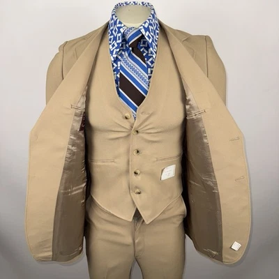 Traje de ocio de colección de los años 70 para hombre 36 chaqueta 29 pantalones sin dobladillo NOS poliéster disco tostado Foto 1 de 4