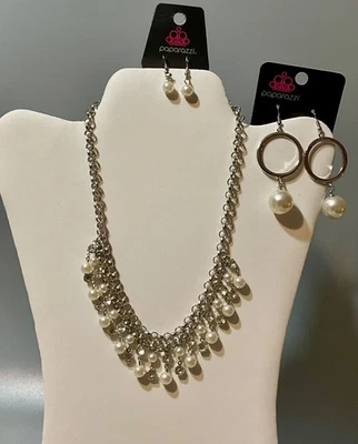 Paparazzi White Pearl & Rhinestone Silver Necklace & Earrings +BONUS EARRINGS! - Image 1 of 4