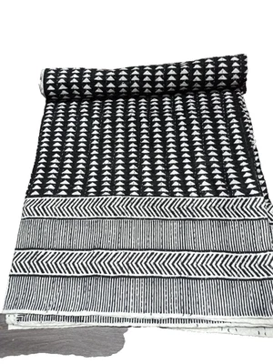 Black Quilt Handmade Indian Kantha Bedspread Hand Block Print Blanket King Size - Image 1 of 4