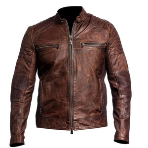 MENS REAL LEATHER CAFE RACER BIKER JACKET VINTAGE MOTORCYCLE BROWN RETRO STYLE - Picture 1 of 4