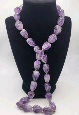 Colar de pedra preciosa roxa corte esculpido com miçangas grandes polidas com ametista natural 28" - Imagem 1 de 4