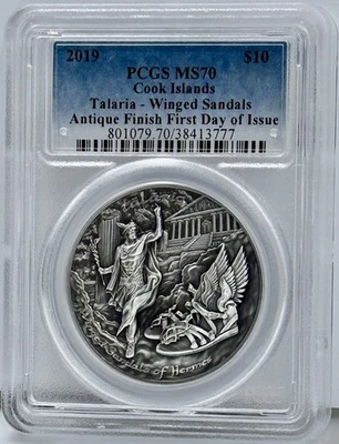 Sandalias aladas Hermes Talaria 2019 2 OZ plateadas $10 Islas Cook graduación profesional MS 70 FDOI Foto 1 de 3