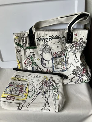 Brighton City Shoppers Happy Holidays Canvass Tote Bag W Cosmetic Purse Set New - Image 1 of 4