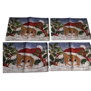 Juego de 4 manteles individuales de Navidad para gatos tapiz tejido acebo sombrero de Santa - Imagen 1 de 7