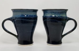 Pair of Louis Mulcahy Pottery Medium Round Hand-Thrown Navy Blue Mugs Ireland - Picture 1 of 8