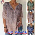 Women Boho Floral V Neck 3/4 Sleeve Shirt Ladies Casual Baggy Loose Tunic Tops