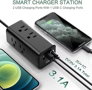 Power Strip Surge Protector 5Ft Extension Cord, 6 Outlets with 3 USB Ports Black - Picture 1 of 8