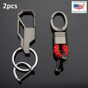 2pcs Keychain Gun Metal Black Clip Bag Belt - Red Woven Leather Key Fob Holder - Picture 1 of 10