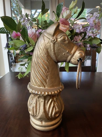 Antique Gilded Cast Iron Horse Head Hitching Post Topper With Brass Ring Bit Cover