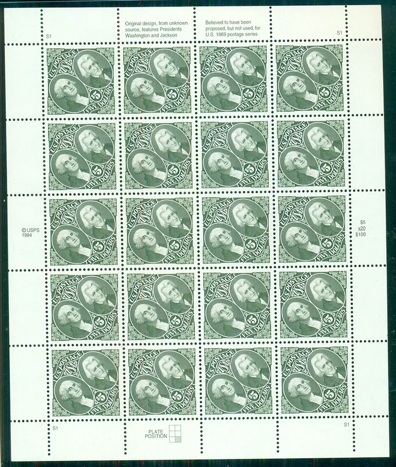 US #2592 $5.00 Washington & Jackson, Complete Sheet, NH, VF - Image 1 of 1