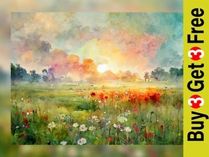Sunset Meadow Watercolor Print 5" x 7" - Pastel Sky Floral Matte Art - Picture 1 of 5