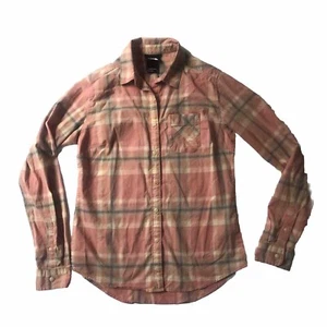 The North Face Pacific Plaid Button Down Shirt Womens Small L/S Peach Logo EUC - Picture 1 of 9