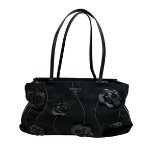Bolso de Hombro Prada Flor Apliques Tessuto Nylon Logo Negro USADO 805K - Imagen 1 de 9