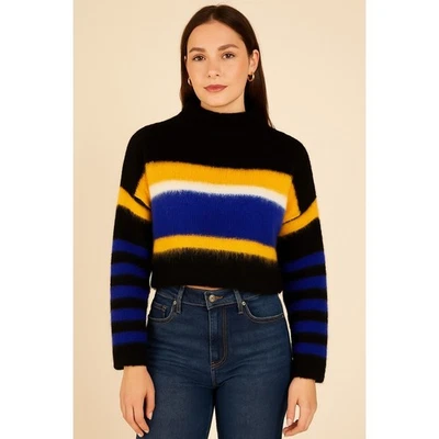 Suéter recortado difuso a rayas negro amarillo azul talla L de Abound para mujer nuevo con etiquetas Foto 1 de 4