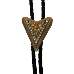 Cravatta Vintage Western Bolo - Scivolo Strass Tono Oro "V" su Cordoncino Intrecciato Nero - Foto 1 di 7